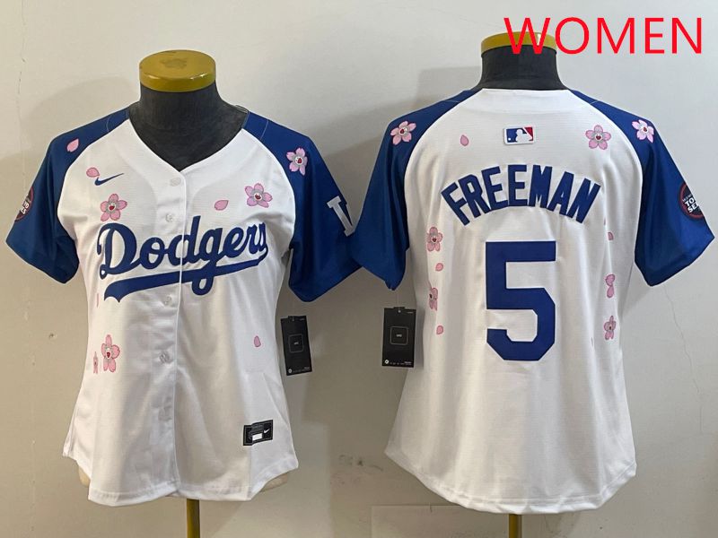 Women Los Angeles Dodgers #5 Freeman White Blue Sakura Edition 2025 Nike MLB Jersey style 1->women mlb jersey->Women Jersey